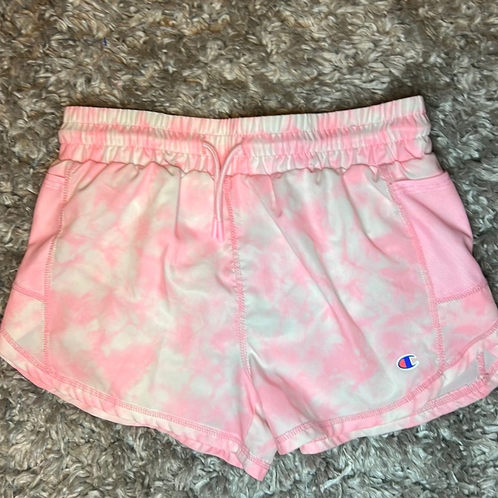 Champion pink and white tye dye shorts.